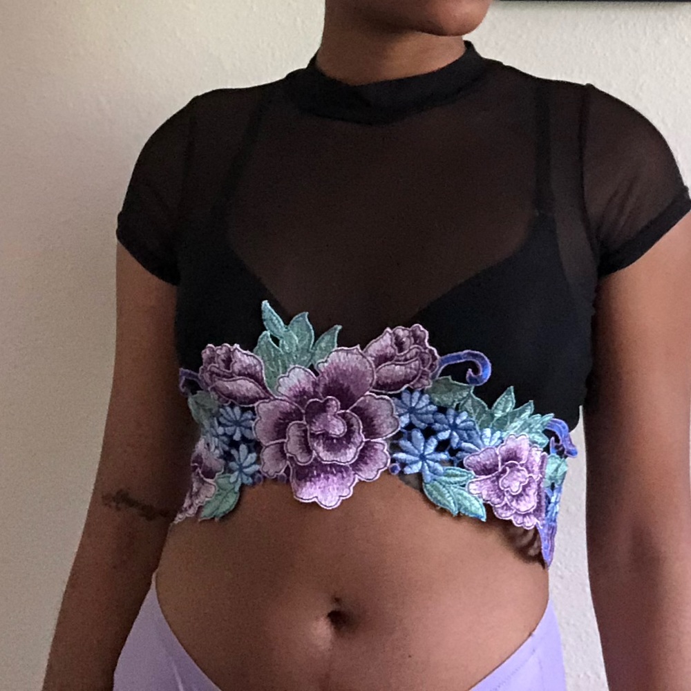 Black Mesh crop top with added floral lace